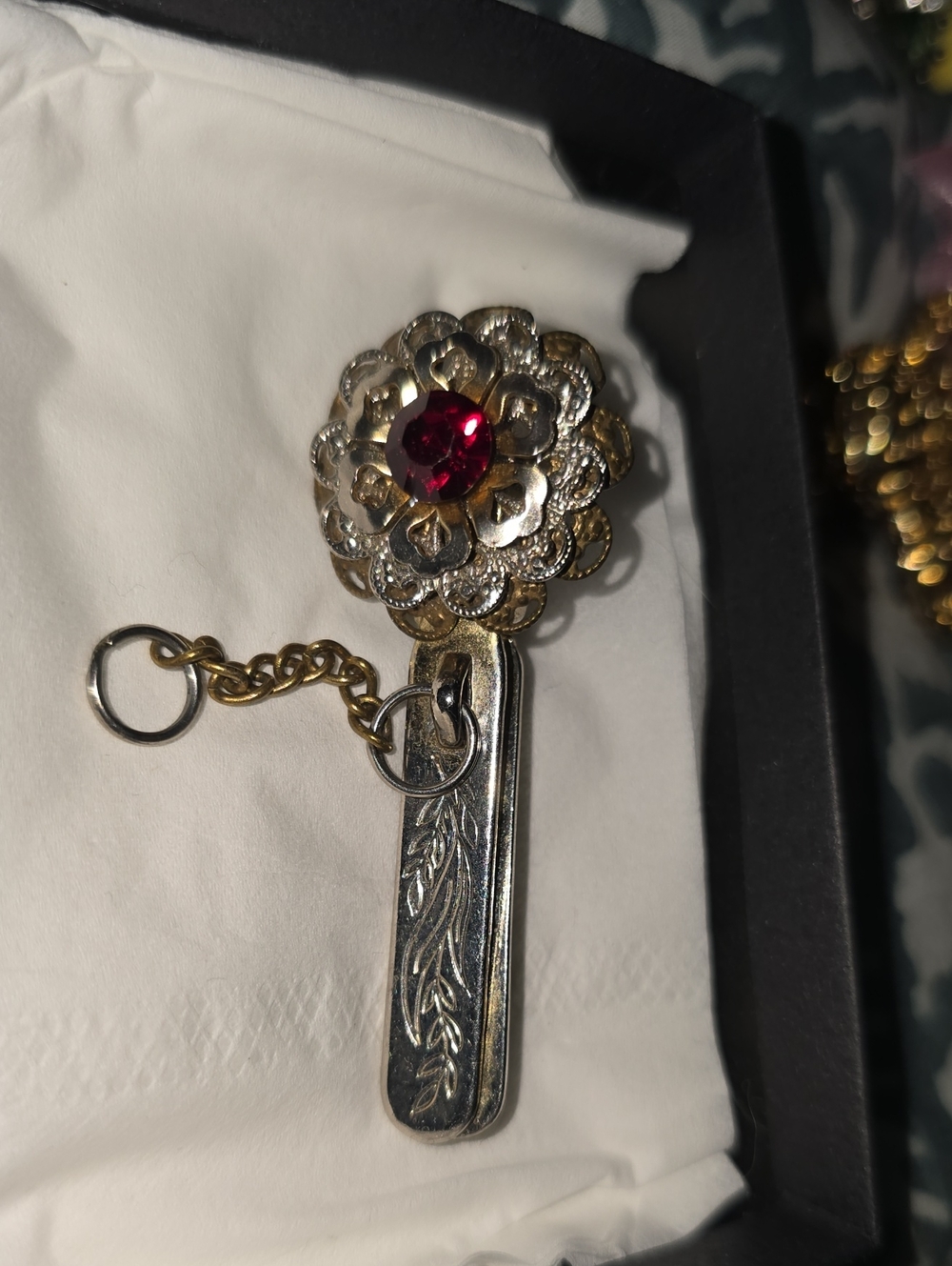 Vintage King’s Lost Key Finder Red Rhinestone Flower Two Toned Metal USA